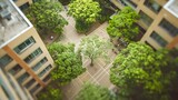 Tranquil Apartment Complex Courtyard with Defocused Trees and Walkways