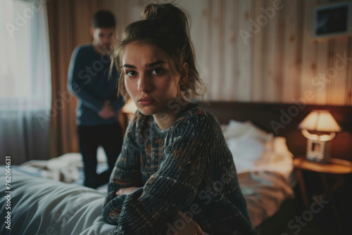 Scared woman sitting on bed with arms crossed, man standing behind her and trying to talk in the bedroom at home. Row between young couple after fight about love and definitely
