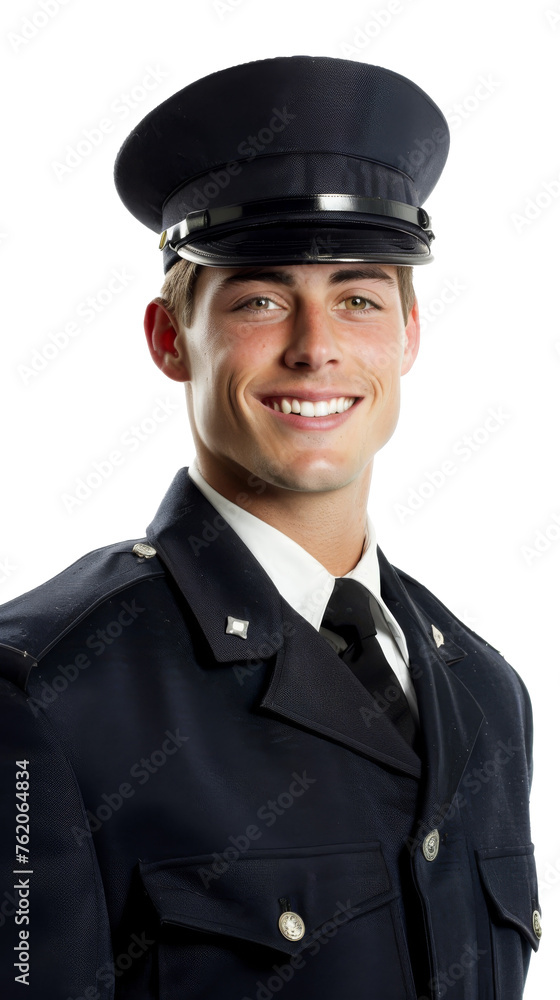 A smiling young man in a pilot's uniform, isolated on a white background