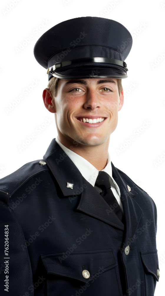 A smiling young man in a pilot's uniform, isolated on a white background A smiling young man in a pilot's uniform, isolated on a white background