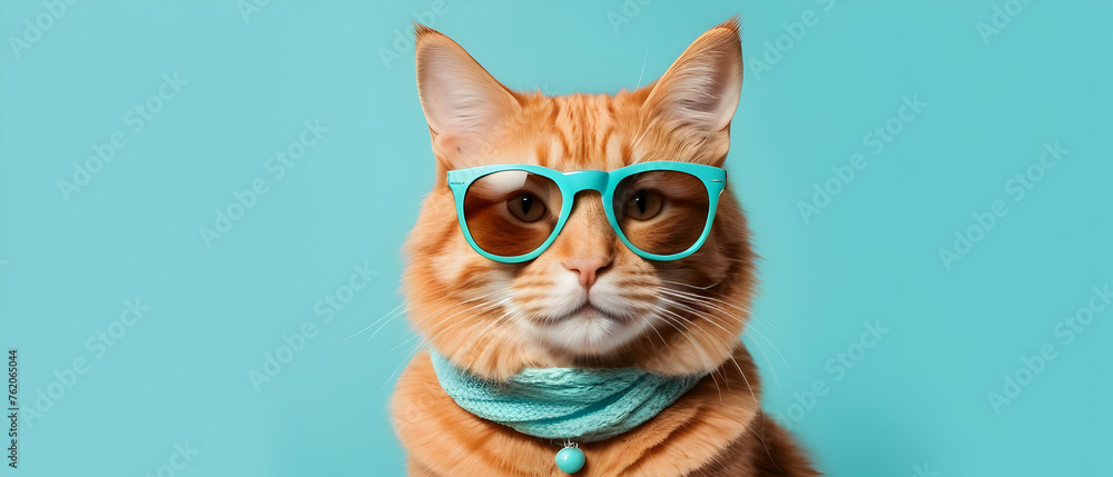 Portrait of adorable funny cat wearing sunglasses isolated on light cyan. Copyspace.