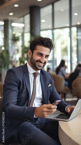 Smiling Businessman Uses His Smartphone While Sitting in a Chair. Fictional character created by Generated AI. 