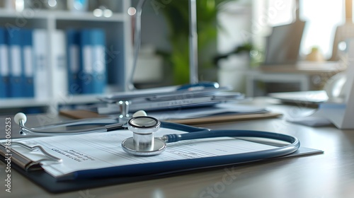 Medical Documents and Stethoscope on Office Desk: Healthcare Professional Patient Care Focus