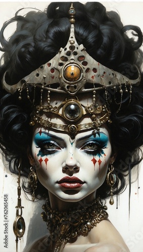 1970s dark fantasy book illustration art of a drag clown queen