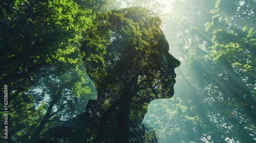 Double Exposure Image  Green Business Devotion and Environmental Caring  silhouette