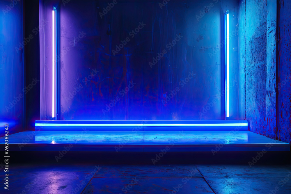 Fotografie Interior with blue neon light. 3d illustration.