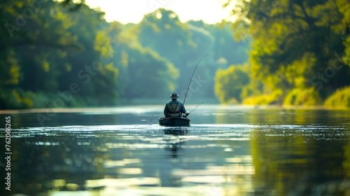 Tranquil River Fishing: A Summer Scene of a Fisherman with Lush Green Trees