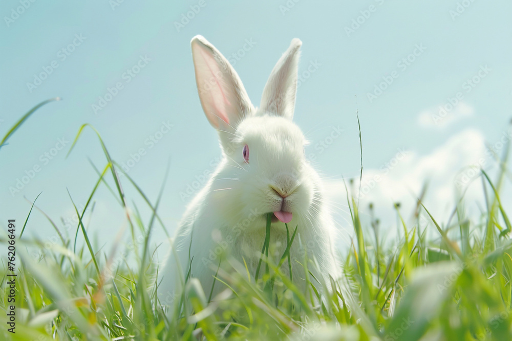 A white rabbit with pink lips eating grass in a meadow A white rabbit with pink lips eating grass in a meadow