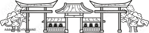 Hand Drawn Japanese and Chinese style pavilions or pagodas in flat style