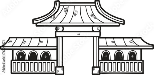 Hand Drawn Japanese and Chinese style pavilions or pagodas in flat style