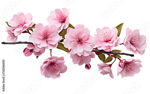 Branch of Pink Flowers With Green Leaves. On a White or Clear Surface PNG Transparent Background.