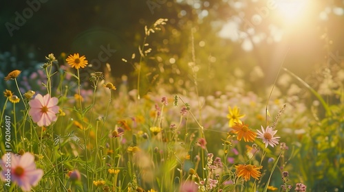 A tranquil meadow filled with wildflowers swaying in the breeze, bees buzzing from bloom to bloom © Photock Agency