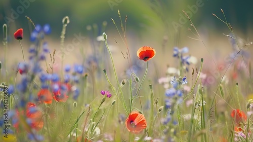 A tranquil meadow filled with wildflowers swaying in the breeze  bees buzzing from bloom to bloom