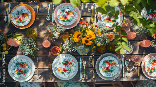 A top view of a garden party table setting with floral plates, colorful napkins, and summer - themed decorations, set on a rustic wooden table.