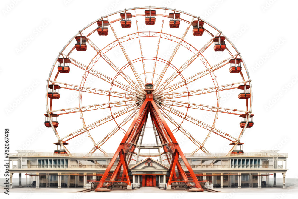 A Large Ferris Wheel in Front of a Building. On a White or Clear Surface PNG Transparent Background.