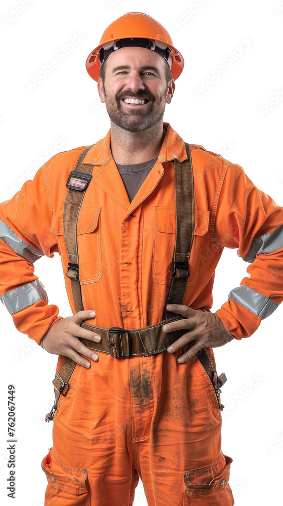 A cheerful man dressed as a construction worker, isolated on a white background. A cheerful man dressed as a construction worker, isolated on a white background.
