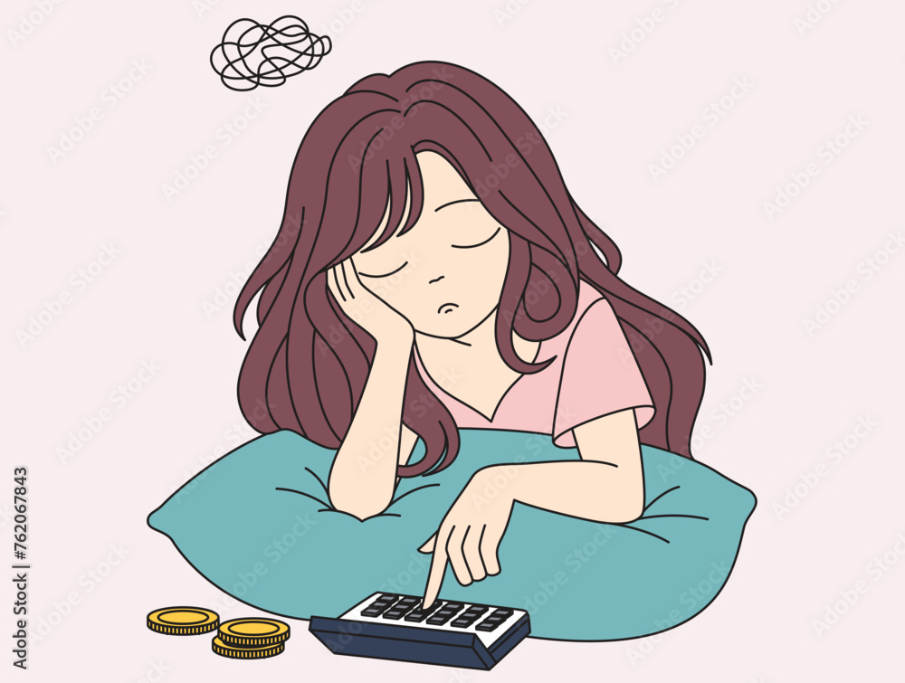 Young Woman Illustration worried in calculating for expenses, distressed with expenditure and taxes