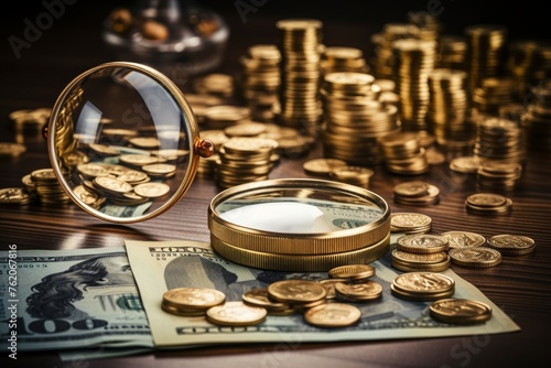 Magnifying glass focusing on coins with an out-of-focus pile of money and a calculator in the background.