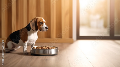 Young Beagle Puppy Sitting Patiently by a Shiny Metal Food Bowl Filled with Kibble in a Warmly Lit Room with Wooden Paneling