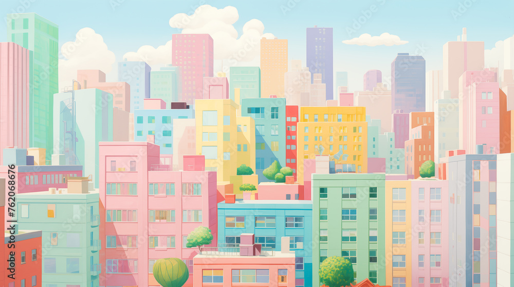 Colorful cityscape, pastel building. Pastel color building aesthetic background. Colorful townhouses