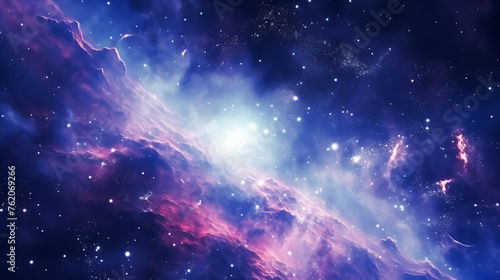 Galaxy exploration through outer space towards glowing milky way galaxy. glowing nebulae  clouds and stars field. Background