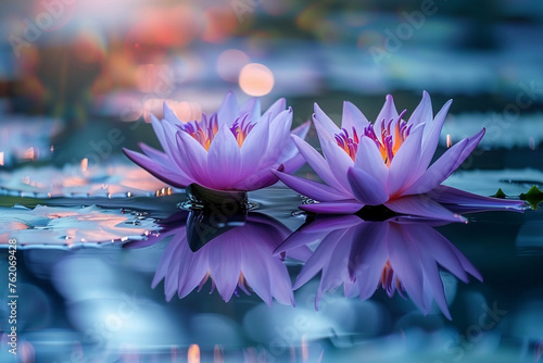 beautiful purple lotus flower floating over water