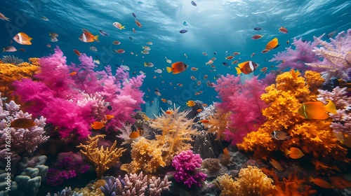 A colorful underwater scene of coral reefs and fish