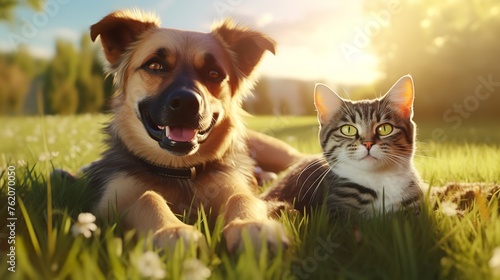 Cute Dog and Cat Lying Together on a Green Grass  