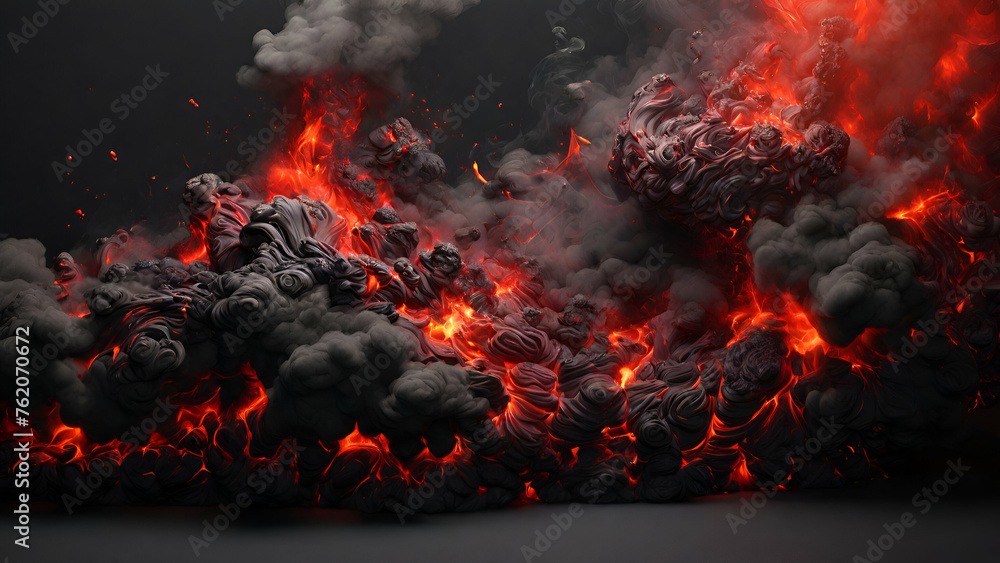 Multiple explosions with fire and smoke on a black background.Pile of cash on fire going up in smoke
generative by ai.. - obrazy, fototapety, plakaty 