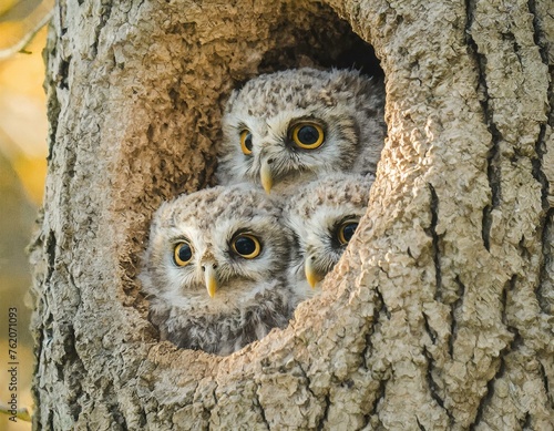 Peek-a-Boo Owlets: Three Tiny Heads Emerging from a Tree Hollow"