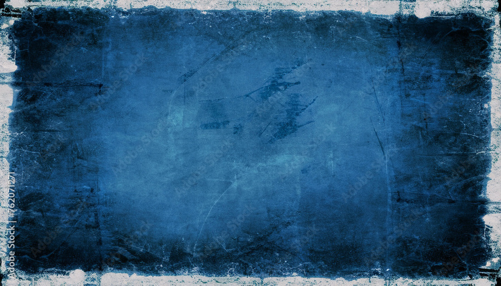 Dark blue grunge scratched obsolete background, old film effect, distressed scary texture with black frame for photo on vintage wall