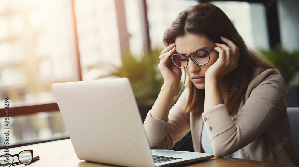 Stressed Young Businesswoman Experiencing a Headache While Working on a Laptop in a Modern Office Setting