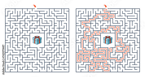 Square maze for kids with a solution. Maze puzzle of medium difficulty for beginners and kids