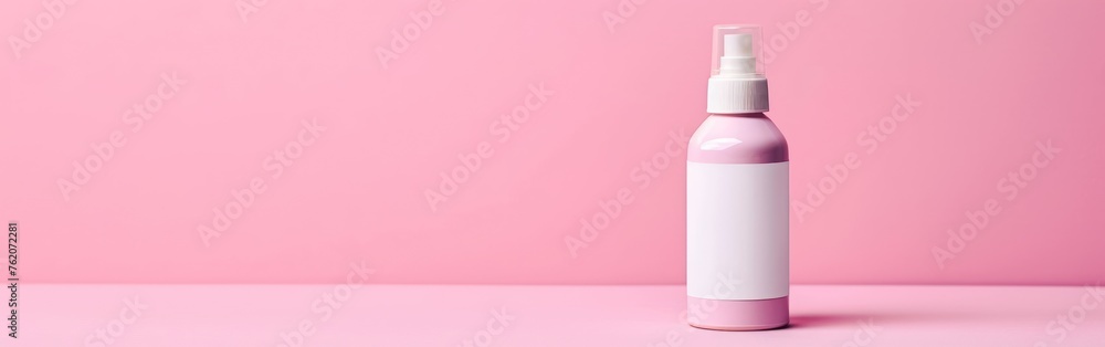 A front view of a pink cosmetic bottle with a white top standing on a pink surface A front view of a pink cosmetic bottle with a white top standing on a pink surface