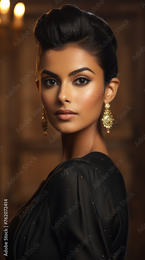 Elegant woman with dark hair wearing gold jewelry. Fictional character created by Generated AI. Elegant woman with dark hair wearing gold jewelry. Fictional character created by Generated AI.