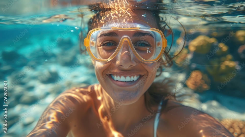A woman is smiling while wearing a yellow snorkel mask and goggles. She is in the ocean and she is enjoying herself
