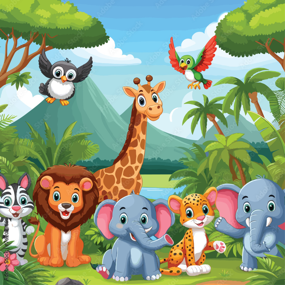 Naklejka premium Group of happy animals cartoon in the jungle colorful vector illustration