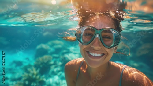 A woman is smiling while wearing goggles and swimming in the ocean. The water is clear and blue, and the woman is surrounded by coral