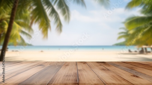 Empty Wide Wooden Bar Table with Blurred Background
