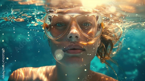 A woman is swimming in the ocean wearing a pair of goggles. The water is clear and the sun is shining brightly