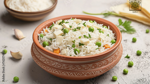 Aromatic long grain rice pulav with cheese, carrot, and peas in a rustic terracotta bowl