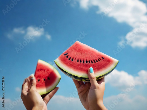 Watermelon slice with text Hello Summer, woman hands holding it against blue sky. Summertime concept