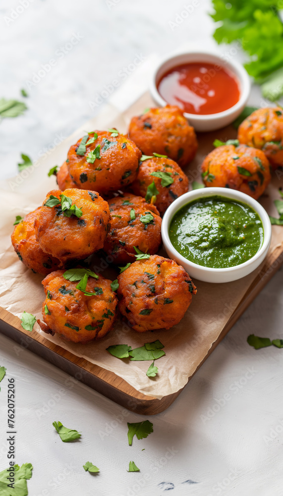 Moong dal vada served with green chutney and tamarind sauce on a cheese board, white background Moong dal vada served with green chutney and tamarind sauce on a cheese board, white background