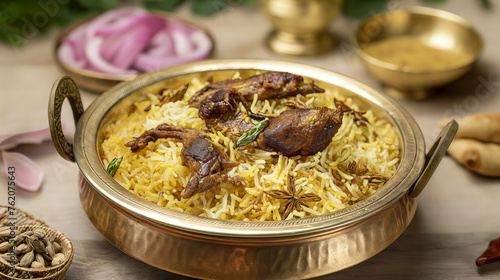Slow-cooked mutton biryani served in a metal bowl on a wooden surface. Rich and flavorful Indian cuisine
