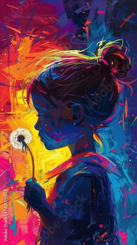 A painting featuring a girl holding a dandelion in her hand.