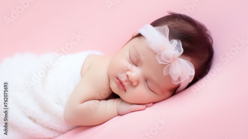 a baby girl sleeping on a pink blanket.