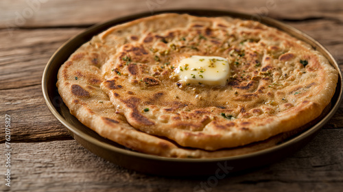 Stuffed muli parantha, a traditional winter dish from Punjab, served with white butter on a plate