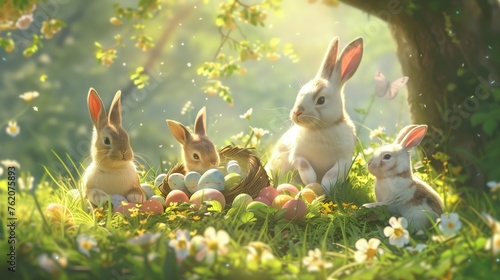 Enchanted Bunny Grove, rabbits, bunnies, Easter, eggs, spring, flowers, daisies, nest, grass, sunshine, trees, leaves, blossoms, morning, glowing, light, serene, peaceful, nature, wildlife, family photo