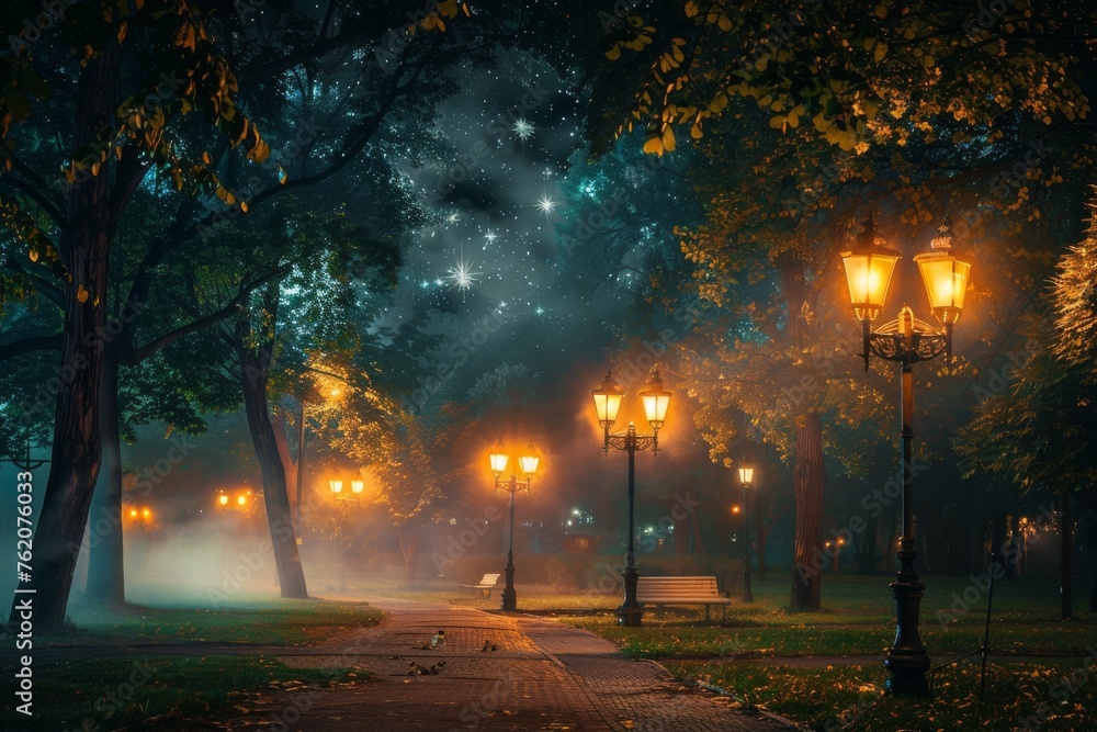 City park with glowing lamps and smoke under a starry night atmosphere.