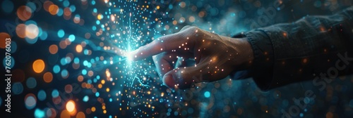 Close-up of a hand touching digital particles with bokeh lights, symbolizing technology and innovation.